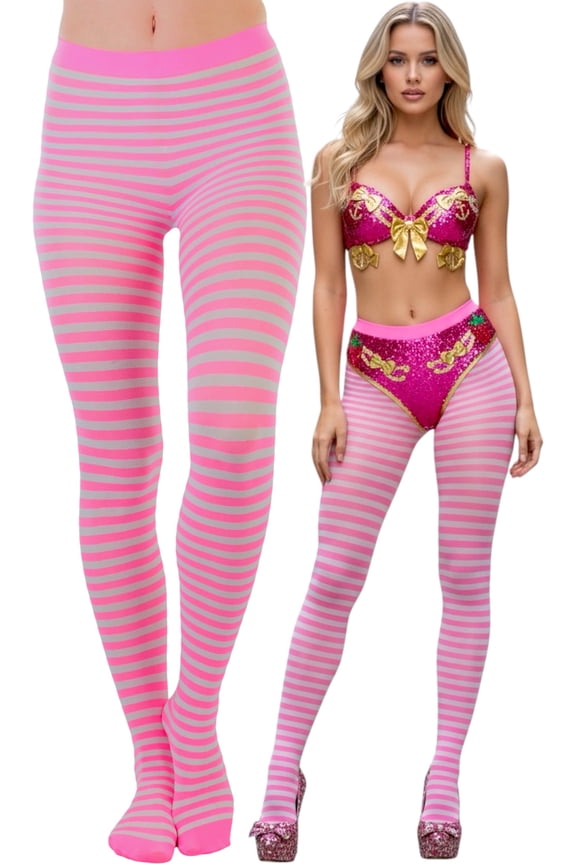 Women's Colorful Opaque Striped Tights Pantyhose Stocking Hosiery - Doll Pink/White - One Size