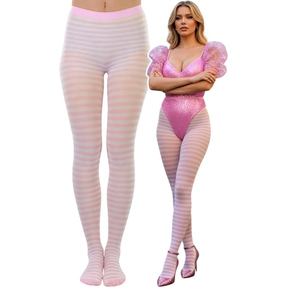ToBeInStyle Women's Colorful Opaque Striped Tights Pantyhose Stocking Hosiery - Pink/White - One Size
