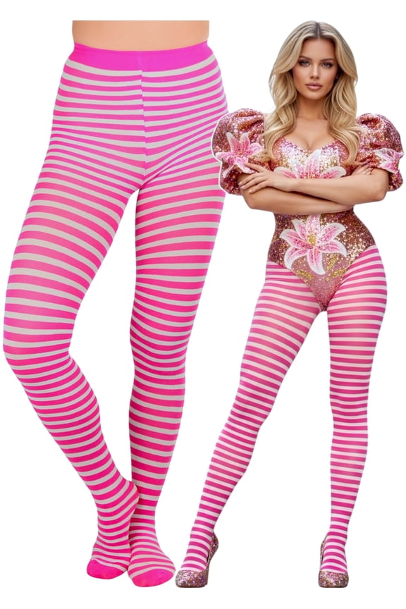 Womens Colorful Opaque Striped Tights Pantyhose Stocking Hosiery - White/Fuchsia - One Size