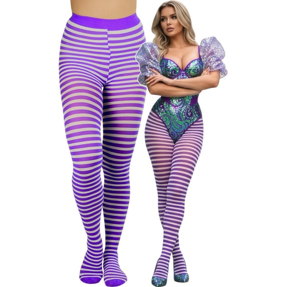 ToBeInStyle Women's Opaque Striped Pantyhose Stocking Hosiery - One Size Plus - White/Purple - One Size: Plus