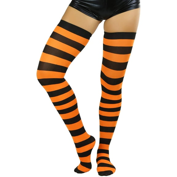 ToBeInStyle Womens Vibrant Horizontal Wide Striped Thigh High Stockings - Black w/ Orange Stripes - One Size