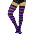 thumbnail image 1 of ToBeInStyle Womens Vibrant Horizontal Wide Striped Thigh High Stockings - Black w/ Purple Stripes - One Size, 1 of 6