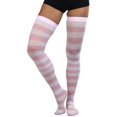 thumbnail image 1 of ToBeInStyle Womens Vibrant Horizontal Wide Striped Thigh High Stockings - Pink w/ White Stripes - One Size, 1 of 5