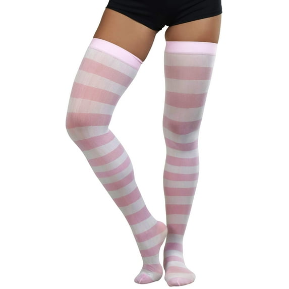 ToBeInStyle Womens Vibrant Horizontal Wide Striped Thigh High Stockings - Pink w/ White Stripes - One Size