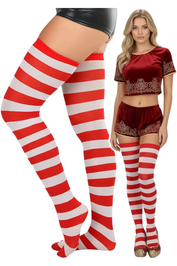Womens Vibrant Horizontal Wide Striped Thigh High Stockings - Red w/ White Stripes - One Size