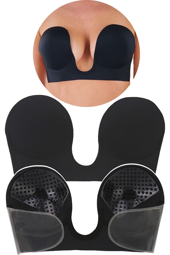 Women's Backless Strapless Self Adhesive V-Bra - Black - D