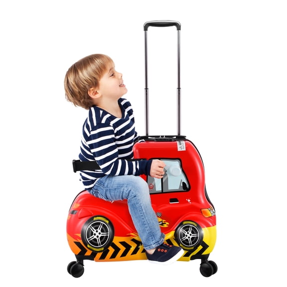ToHu Kids Ride-On Luggage with Wheels Suitcase Fits to Toddler Aged 3-12 Years old （Red Car Checked-Large 24-Inch