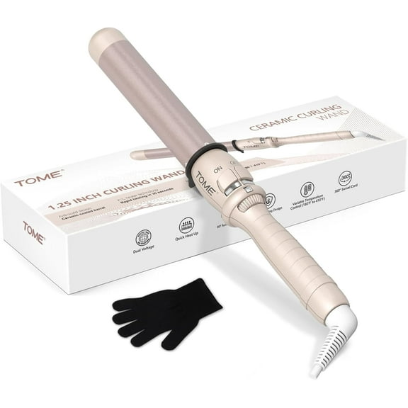 ToMe 1.25 inch Hair Curling Wand,Dual Voltage Ceramic Curling Iron, Hair Curler with Glove Included,Curly Hair Tools for Waves, Beach Curls