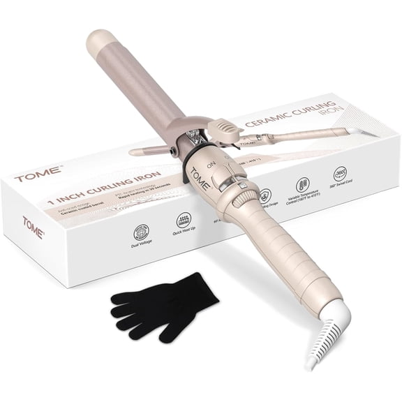 ToMe 1 Inch Ceramic Curling Iron Dual Voltage Glove Included, 180℉-410℉ Heat up Fast Hair Styling Tool for Short & Long Hair