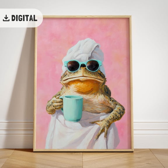 Toad Bathroom , Whimsical Frog Wall Decor, Dopamine , Quirky Relax Art Unframed Paper Print