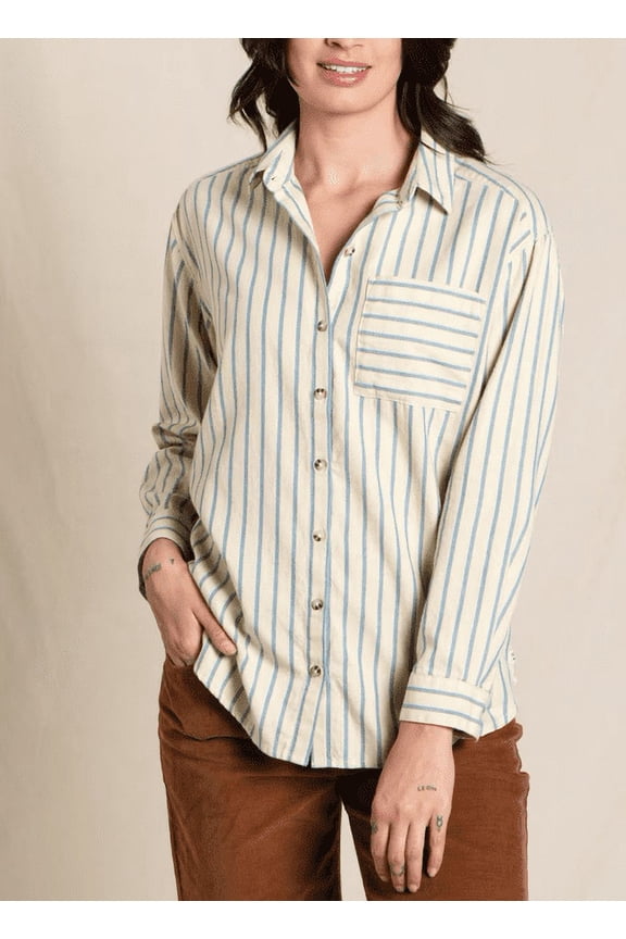 Toad & Co Women's Yellow Eddy Boyfriend Button Up Shirt Barley Stripe XL