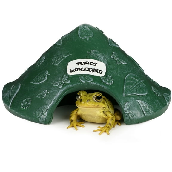 Toad House for Outside Garden, Resin Reptile Hide House, Green Reptile Hide Cave, Decorative Greenery & Welcome Sign, Aquarium Toad Turtle Hiding House, 8.1x7.3x5.1"