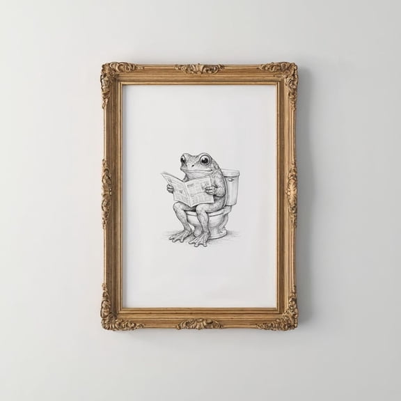 Toad Reading Bathroom Poster, Vintage Frog Sketch Wall Art, Minimal Animal Illustration Print, Powder Room Decor Gift Size 24x36 Unframed Poster