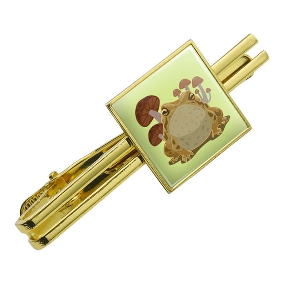 Toad Sitting In Front of Mushrooms Square Tie Bar Clip Clasp Tack- Silver or Gold