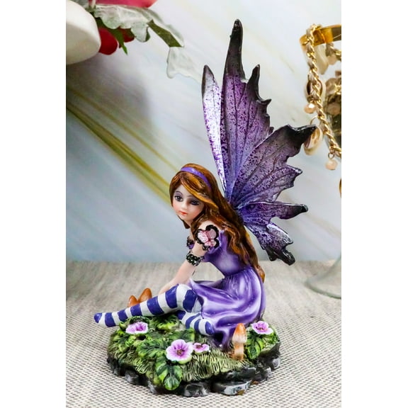 Toadstool Garden Lavender Purple Girl Fairy With Flitting Butterfly Figurine