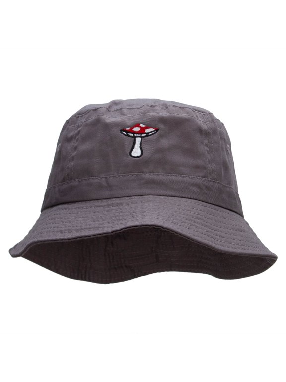 Toadstool Mushroom Embroidered Bucket Hat - Charcoal OSFM