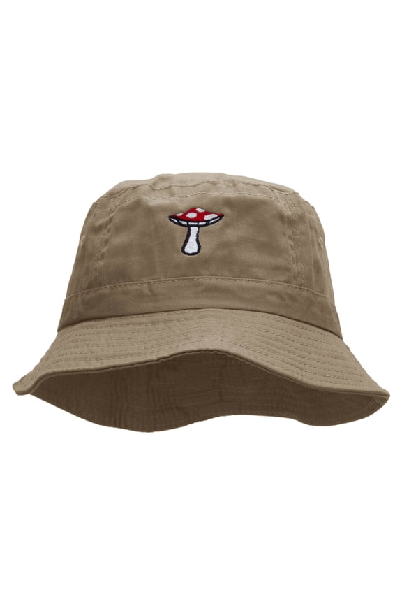 Toadstool Mushroom Embroidered Bucket Hat - Khaki OSFM