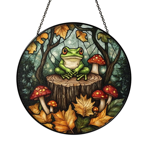 Toadstool forest frog suncatcher, playful stained style window hanging for home decoration