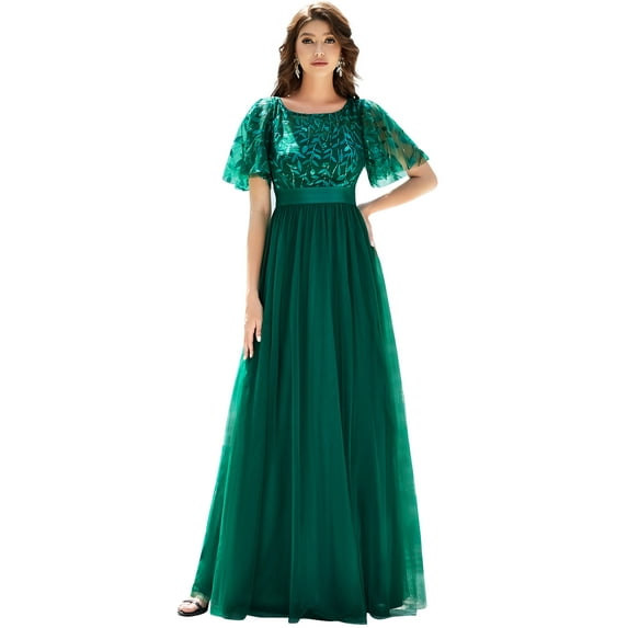 Toamir Womens Round Neck Flutter Sleeve Long Evening Bridesmaid Dresses for Women 00904 Green US6