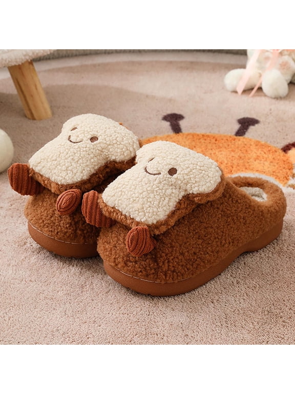 Toast Bread Slippers for Women, Cute Food Shaped Fuzzy House Shoes, Soft Plush Closed Toe Indoor Footwear, Fun Gift for Bread Lovers