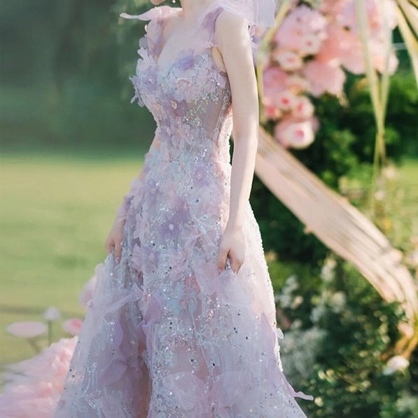 navy blue dress for baby girl Flowy Ice Blue Chiffon Slit A-line Engagement Gown