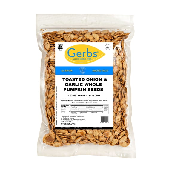 Toasted Onion & Garlic Pumpkin Seeds In Shell by Gerbs - 2 LBS - Top 14 Food Allergen Free & NON GMO - Vegan & Kosher