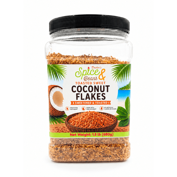 Toasted Sweet Coconut Flakes 1.5 lb - Sweetened Toasted Coconut - Baking, Desserts, Yogurt, Oatmeal & Ice Cream Toppings - Bulk - Packed in USA - Dasher's Spice & Beans