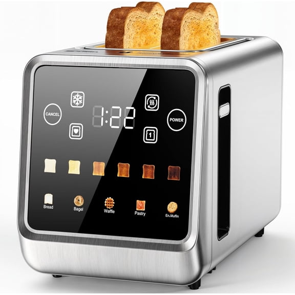 Toaster 2 Slice, 304 Stainless Steel Touch Screen Toasters With Memory Function, 5 Bread Types & 6 Shade Settings, 1.5" Toasters 2 Slice Wide Slot