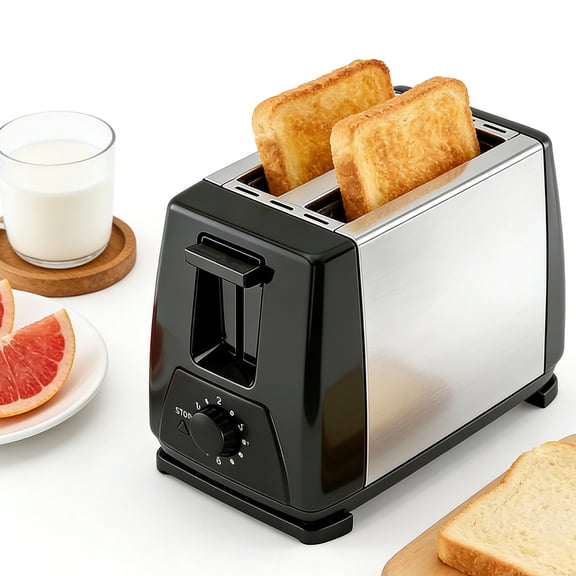 Toaster 2 Slice, 6 Temperature Levels, Defrost Reheat, Stainless Steel, 700W, Black/Silver, Ideal for Breakfast Breads and Snacks, Practical Kitchen Appliance