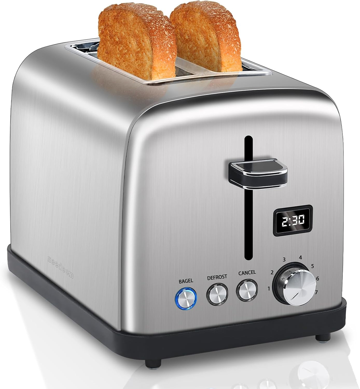 Toaster 2 Slice, LCD Display, 7 Shade Settings, 1.4'' Wide Slots, Stainless Steel Digital Toaster for Bagel, Defrost, Reheat, Removable Crumb Tray, 900W,