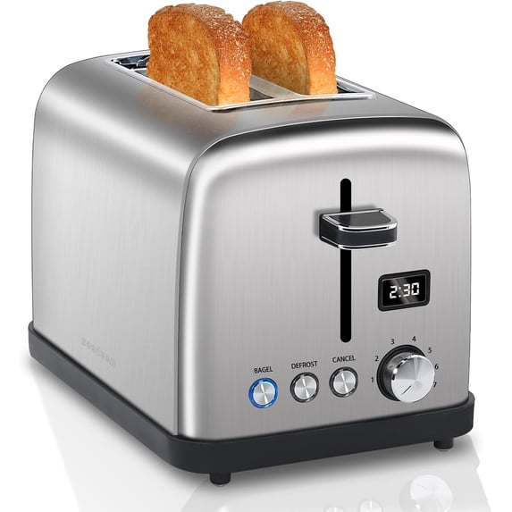 Toaster 2 Slice, LCD Display, 7 Shade Settings, 1.4'' Wide Slots, Stainless Steel Digital Toaster for Bagel, Defrost, Reheat, Removable Crumb Tray, 900W,