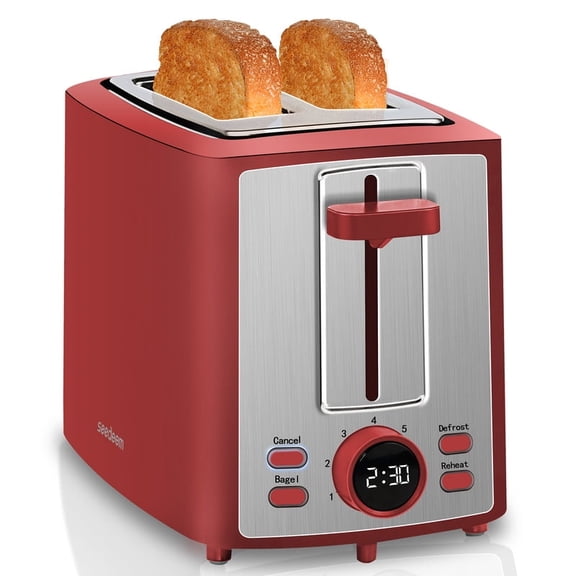 Toaster 2 Slice,LCD Display,7 Shade Settings,1.４" Extra Wide Slots Toaster,4-in-1 Functions,Removable Crumb Tray,900W,Red