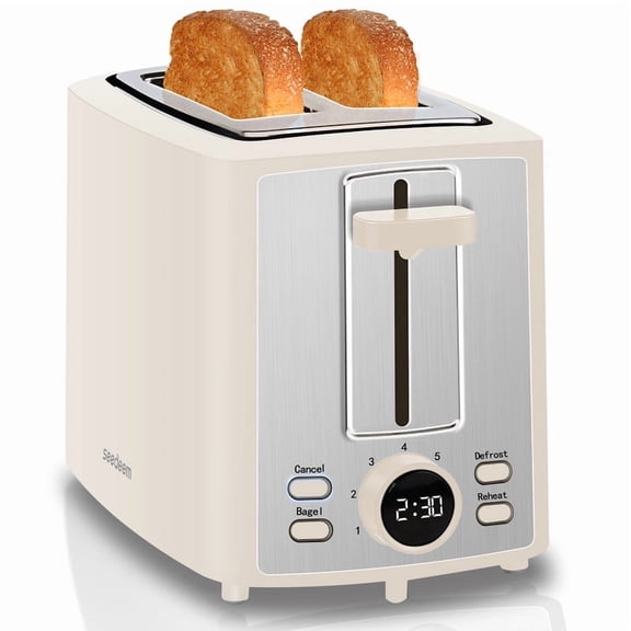 Toaster 2 Slice,LCD Display,7 Shade Settings,1.４" Extra Wide Slots Toaster,4-in-1 Functions,Removable Crumb Tray,900W,White