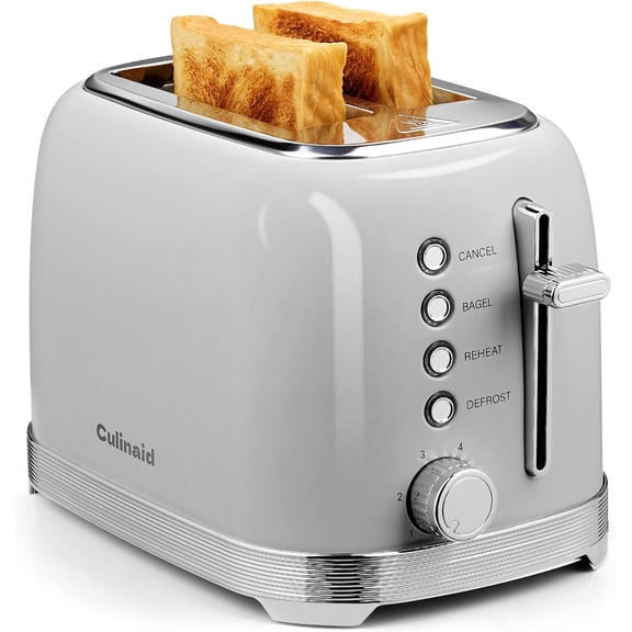 Toaster 2 Slice Retro Stainless Steel with 1.5 Extra Wide Slots Bagel, Defrost, Reheat, Cancel Functions, 6 Bread Shade Settings, Removable Crumb Tray, Gray