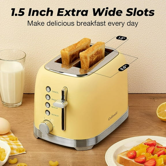 Toaster 2 Slice Retro Stainless Steel with 1.5” Extra Wide Slots Bagel, Defrost, Reheat, Cancel Functions, 6 Bread Shade Settings, Removable Crumb Tray, Yellow