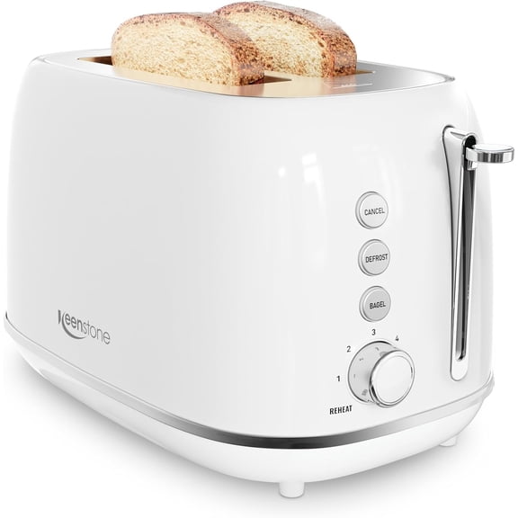 Toaster 2 Slice, Retro Wide Slot Stainless Steel with 6 Browning Levels, Reheat & Defrost, for Bal, Toast, Bread, Kitchen Essentials, Removable Crumb Tray, White