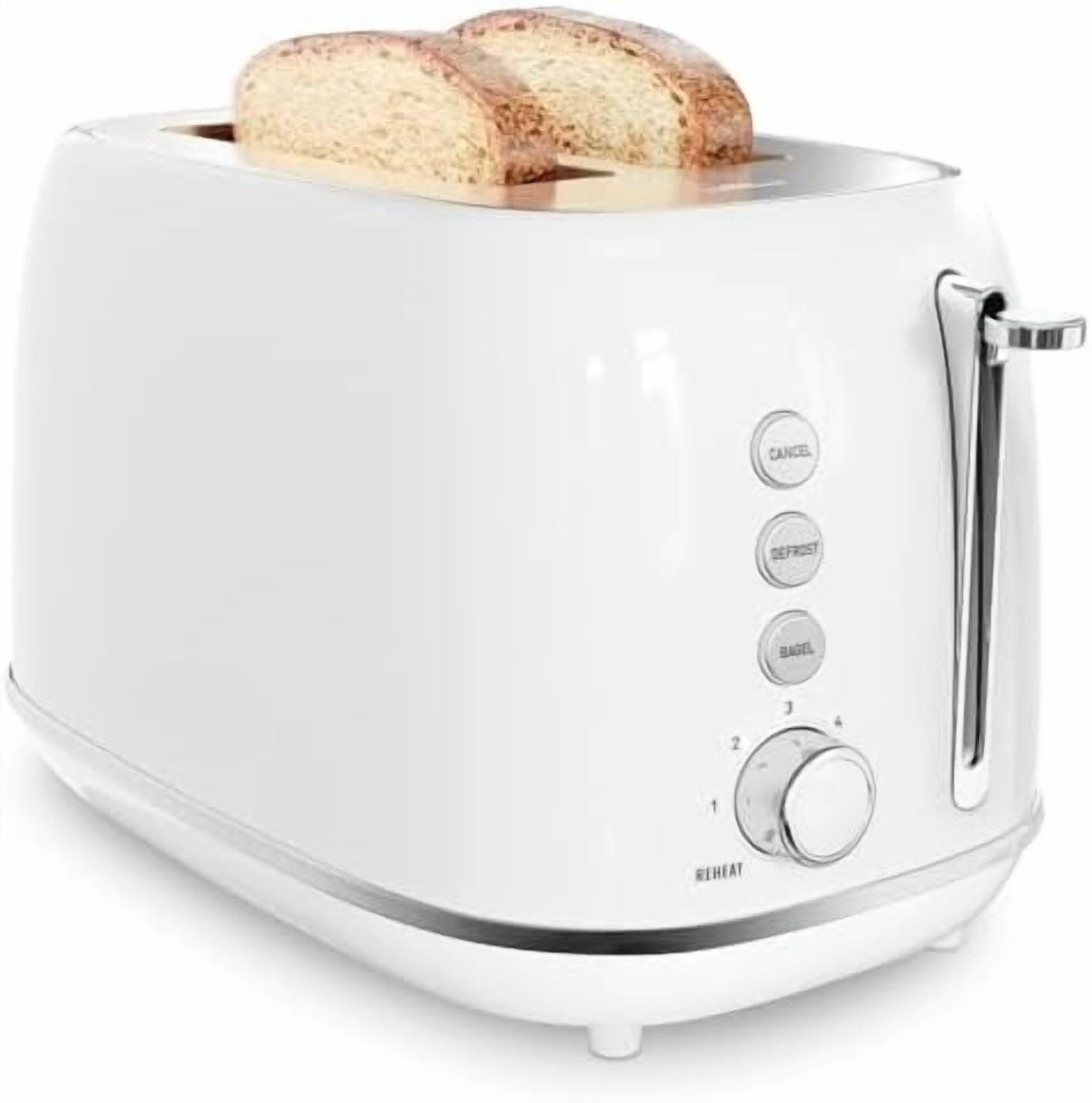 Toaster 2 Slice, Retro Wide Slot Stainless Steel Toaster with 6 Browning Levels, Reheat & Defrost, for Bagel, Toast, Bread, Kitchen Essentials, Removable Crumb Tray, White