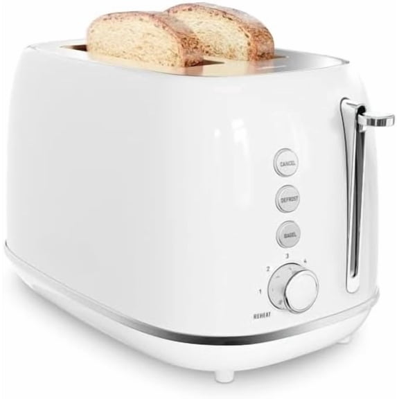 Toaster 2 Slice, Retro Wide Slot Stainless Steel Toaster with 6 Browning Levels, Reheat & Defrost, for Bagel, Toast, Bread, Kitchen Essentials, Removable Crumb Tray, White