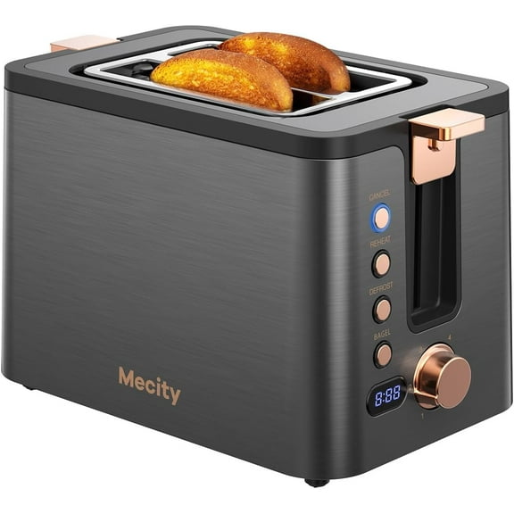 Toaster 2 Slice Stainless Steel Body Timer, Bagel/Defrost/Reheat/Cancel Functions,Warming Rack, Removable Tray, 6 Browning Settings, Extra Wide Slots, Bread Toaster, 120V 800W Grey