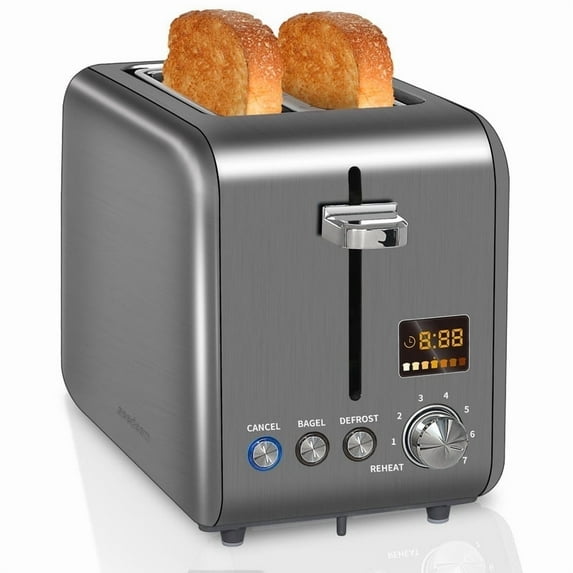 Toaster 2 Slice,Stainless Steel,LCD Display,7 Bread Shade Settings,1.4" Wide Slots,4-in-1 Functions,Removable Crumb Tray,900W,Dark silver