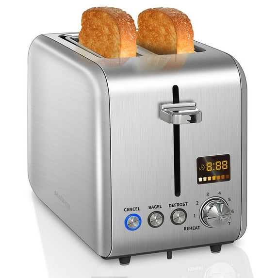 Toaster 2 Slice,Stainless Steel,LCD Display,7 Bread Shade Settings,1.4" Wide Slots,4-in-1 Functions,Removable Crumb Tray,900W,Silver