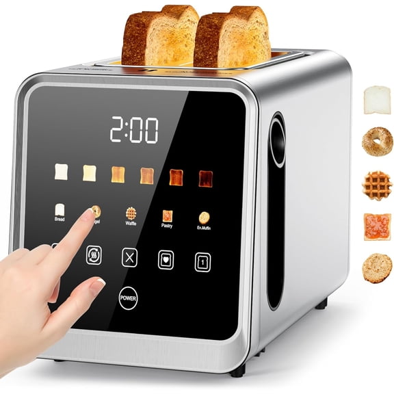 Toaster 2 Slice with Touchscreen, 1.5" Wide Slots & Memory Recall | 900W Stainless Steel Smart Digital Toasters | 6 Shade Settings for Bagels & Thick Bread | Defrost Reheat Single-Slice Mode