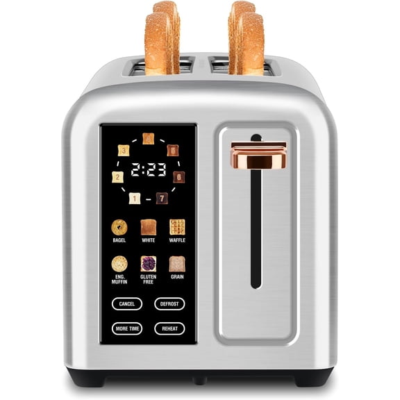 Toaster 2 Slice with Screen, Heating Speed, 7 Shade Setting, 6 Bread Type, 1.5"Wide Slots Toaster, Removable Crumb Tray, 1350W, Metallic