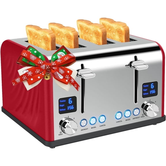 Toaster 4 Slice, Bagel Stainless Toaster with LCD Timer, Extra Wide Slots, Dual Screen, Removal Crumb Tray (Red)