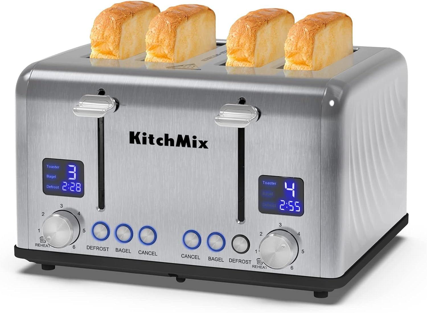 Toaster 4 Slice, Bagel Stainless Toaster with LCD Timer, Extra Wide