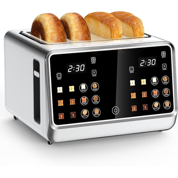 Toaster 4 Slice, Digital Smart Toaster with TouchScreen, Dual Control Panel, Single Slot Toasting, Timer, Reheat & Defrost for Bagels, Bread, Waffles, Stainless Steel Kitchen Essentials