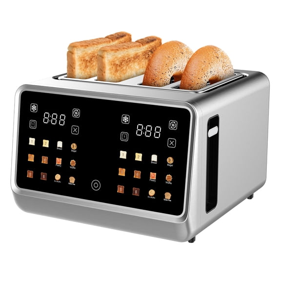 Toaster 4 Slice, Digital Smart Toaster With TouchScreen, Dual Control Panel, Single Slot Toasting, Timer, Reheat & Defrost For Bagels, Bread, Waffles, Stainless Steel Kitchen Essentials