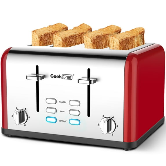 Toaster 4 Slice, Geek Chef Stainless Steel Extra-Wide Slot Toaster with Dual Control Panels of Bagel/Defrost/Cancel Function, 6 Toasting Bread Shade Settings, Auto Pop-Up, Multicolor