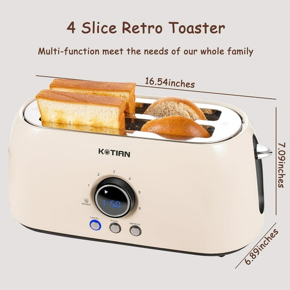 Toaster 4 Slice, KOTlAN Retro Long Slot Toasters with Countdown Timer, Stainless Steel Toaster, Bagel, Defrost, Reheat, Cancel Functions, Extra Wide Slots, 6 Toast Settings, Removable Crumbs Tray, Wh