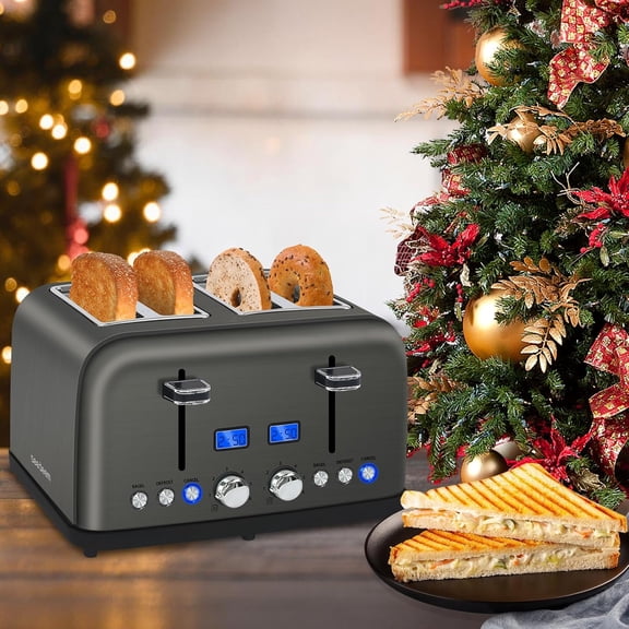 Toaster 4 Slice, LCD Display, 6 Shade Settings, 1.5'' Wide Slots, Digital Stainless Toaster for Bagel, Defrost, Reheat, Dual Control, Removable Crumb Tray, 1500W, Dark Metallic